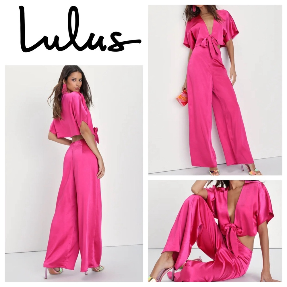 Lulu’s Flirt For Fun Fuchsia Tie-Front Two-Piece Wide-Leg Jumpsuit Sz: S